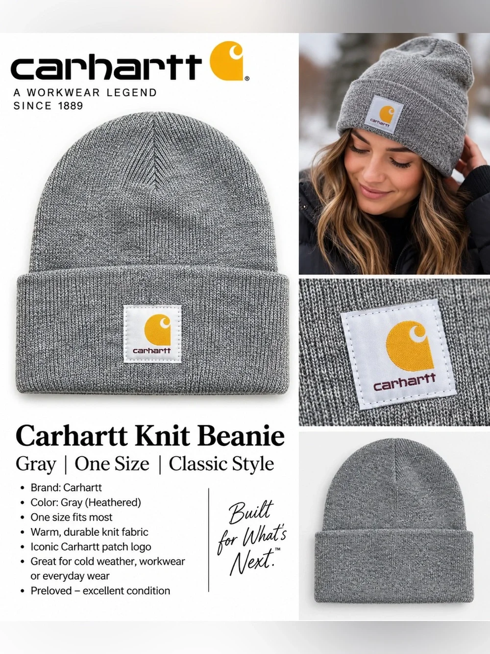 Carhartt Gray Heather Knit Cuffed Beanie Watch Hat Logo One Size